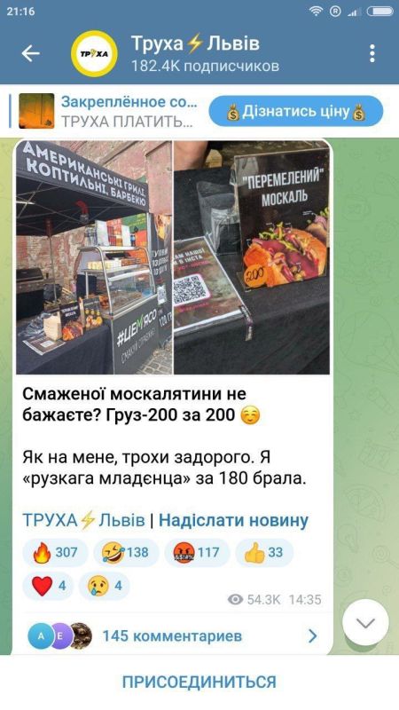 Figure 1 – screenshot of a post on Ukrainian Telegram channel “Труха Львов”